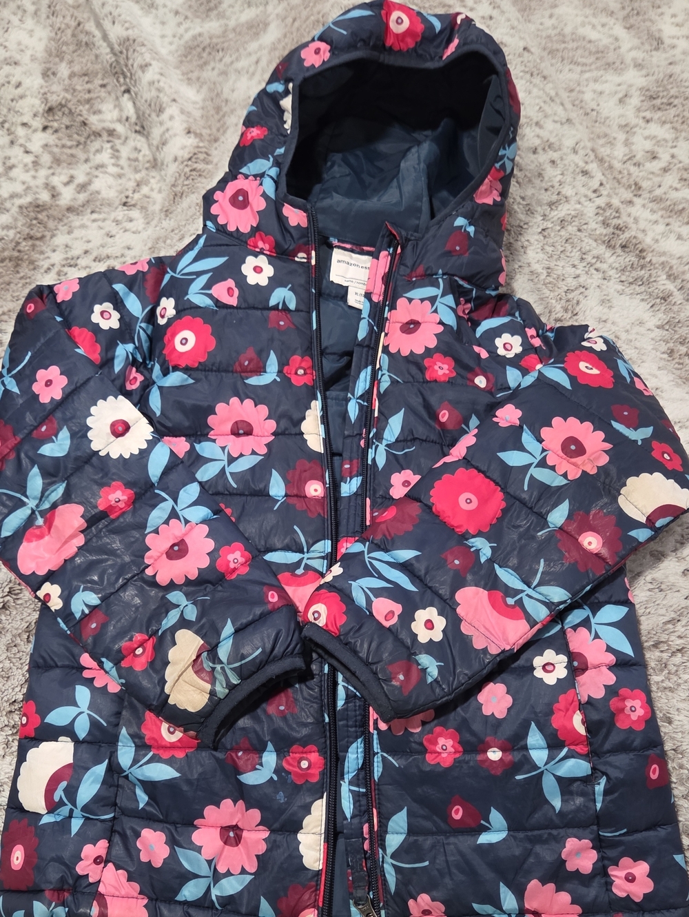 Amazon Essentials Navy Floral Puffer Jacket with Pink, Blue & Cream Flowers
